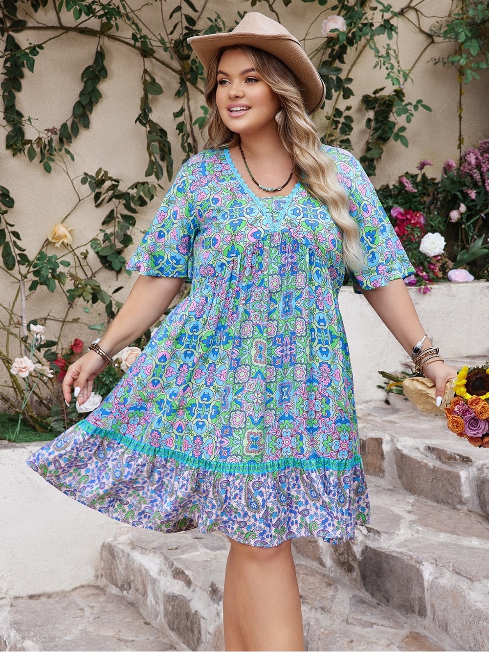 Rustydustty Boho Floral Paisley Midi Dress 1XL NWT Flutter Sleeve V-Neck